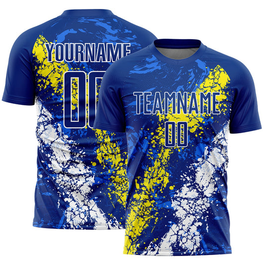 Custom Royal Light Yellow-White Dripping Splatter Art Sublimation Soccer Uniform Jersey - Main View