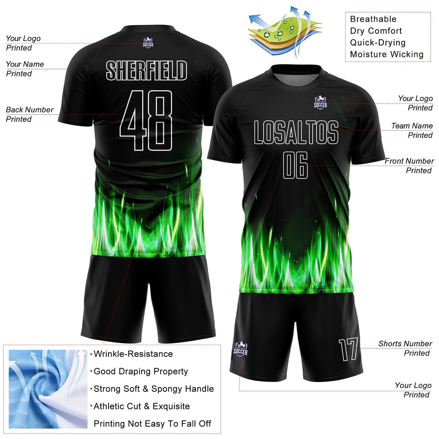 Custom Black White Flame Sublimation Soccer Uniform Jersey view 4
