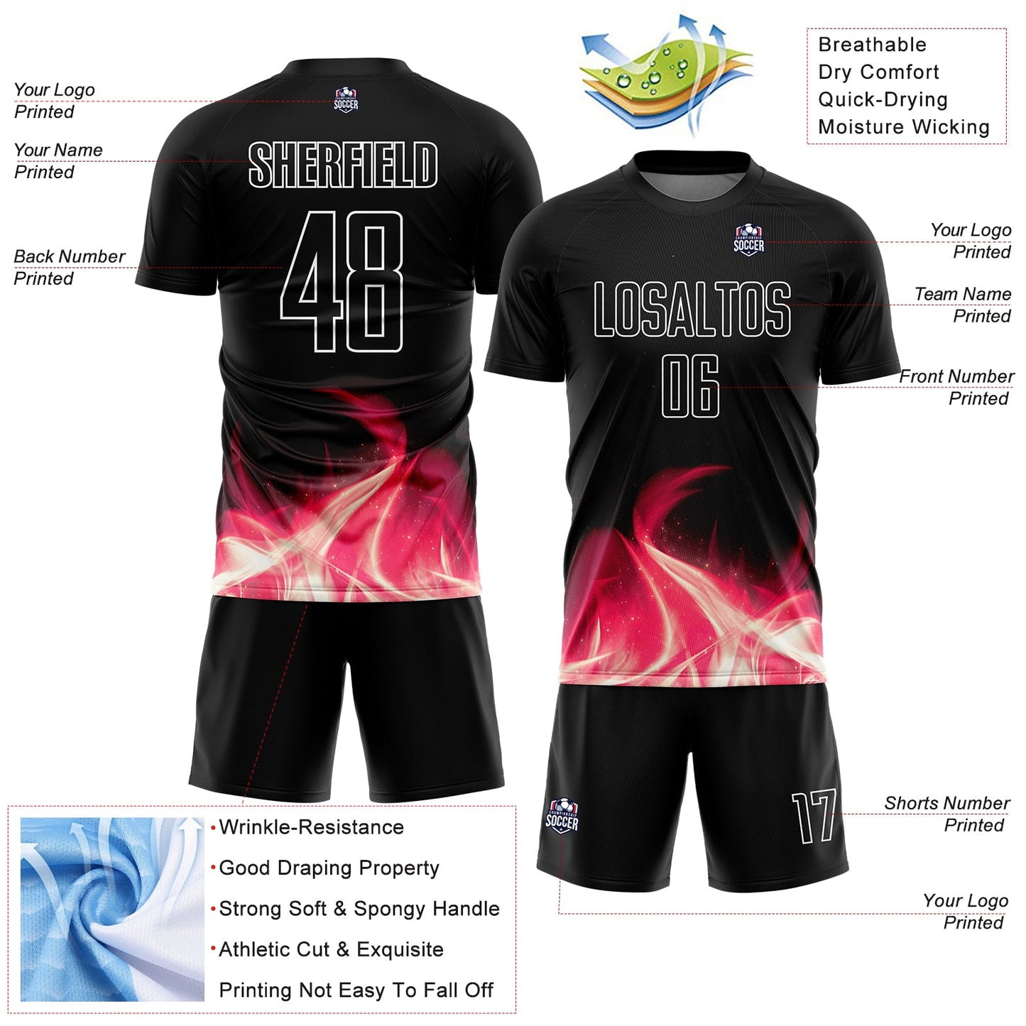 Custom Black White Flame Sublimation Soccer Uniform Jersey view 4