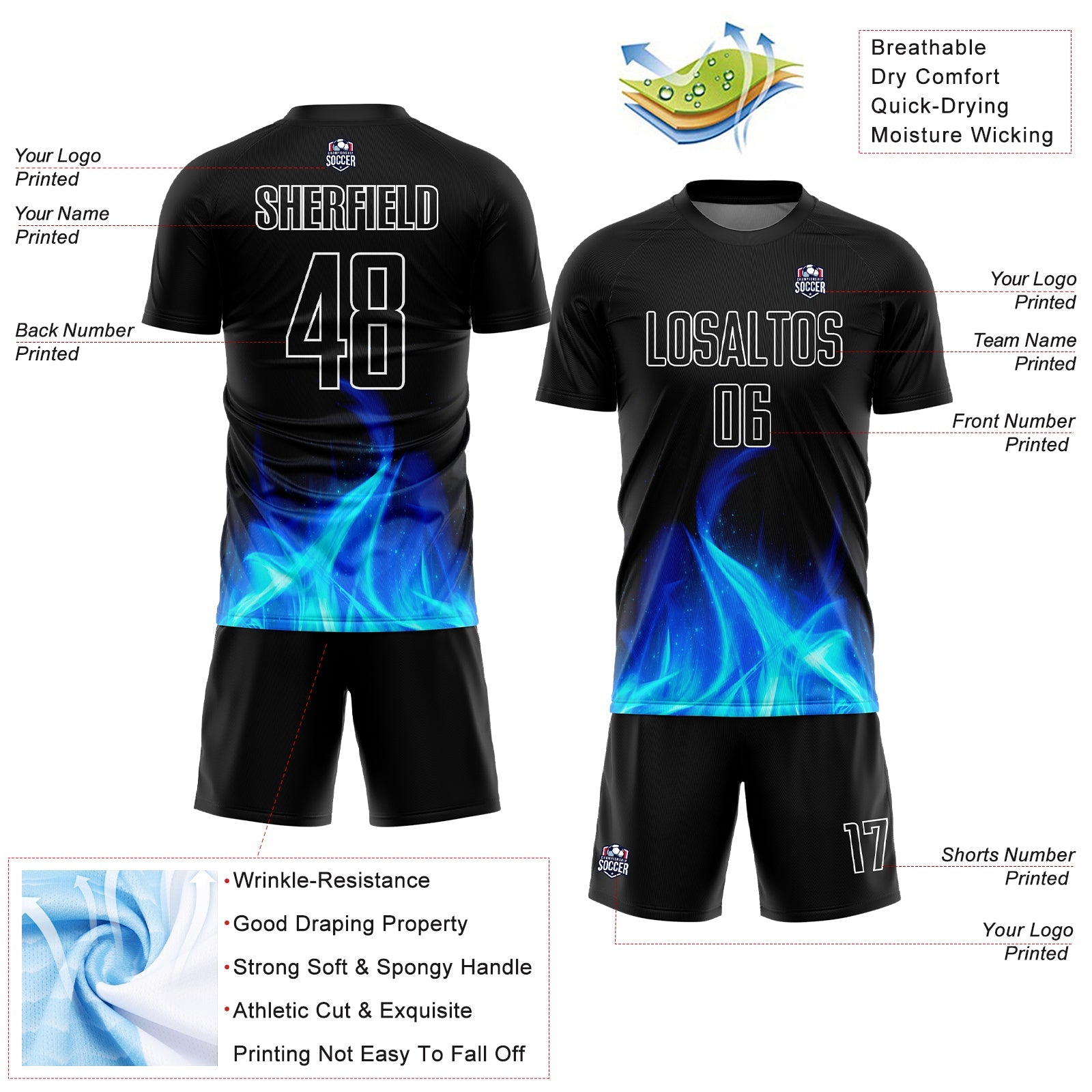 Custom Black White Flame Sublimation Soccer Uniform Jersey view 4
