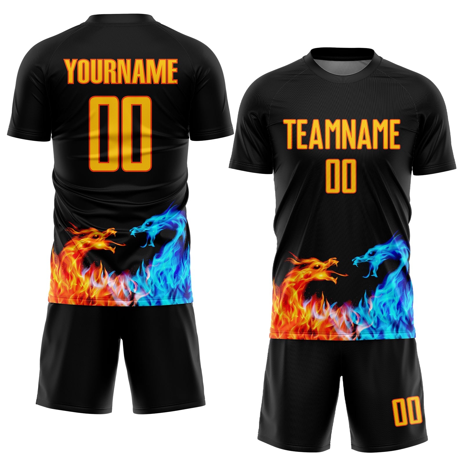 Custom Black Yellow-Orange Dragon Flame Sublimation Soccer Uniform Jersey view 2