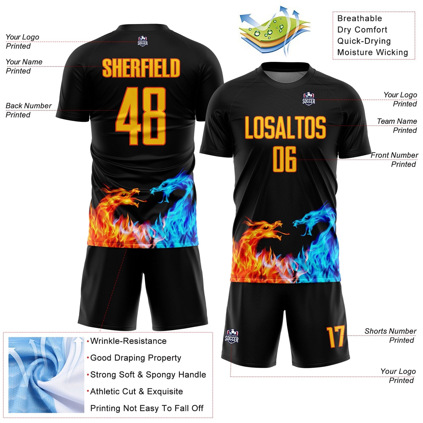 Custom Black Yellow-Orange Dragon Flame Sublimation Soccer Uniform Jersey view 4