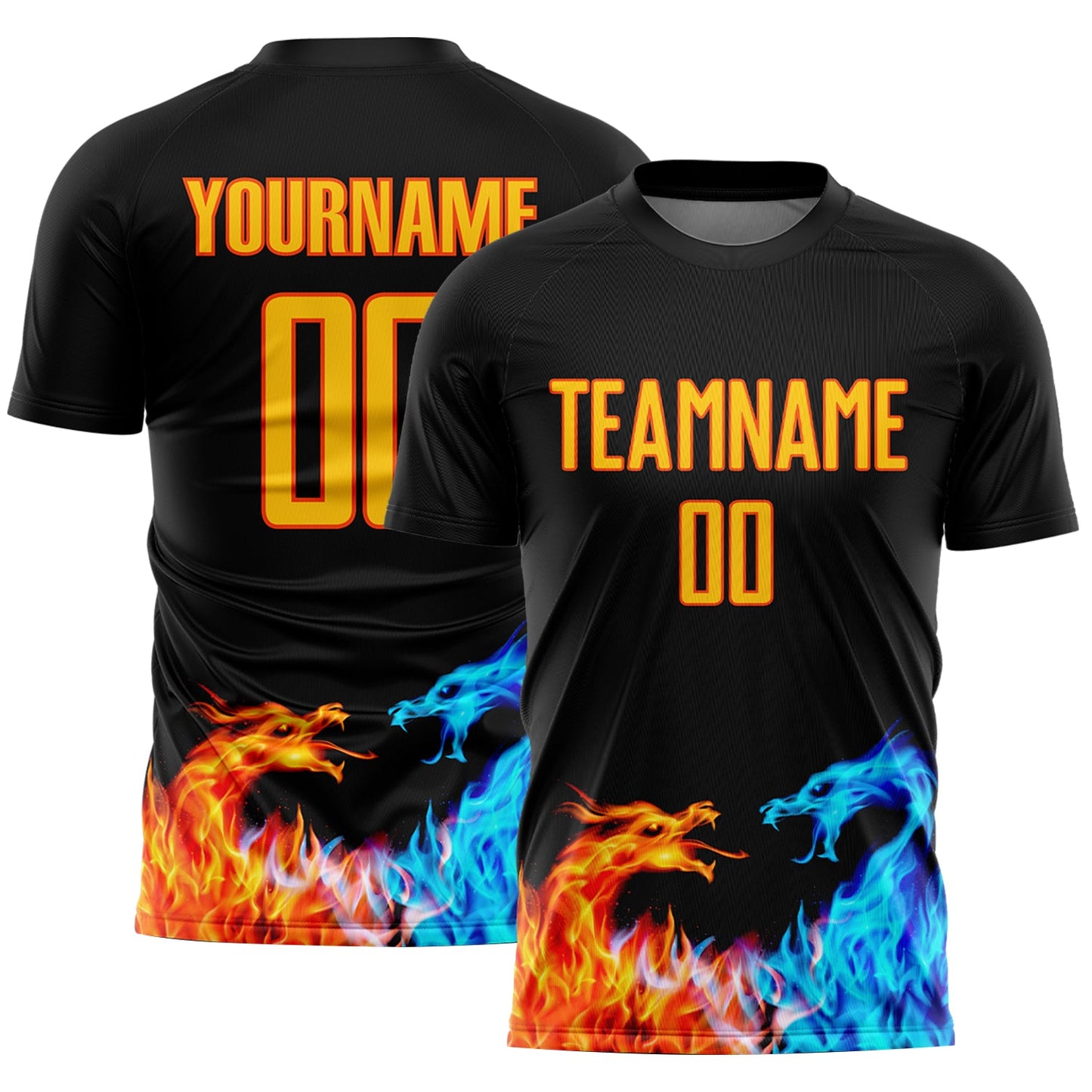Custom Black Yellow-Orange Dragon Flame Sublimation Soccer Uniform Jersey - Main View