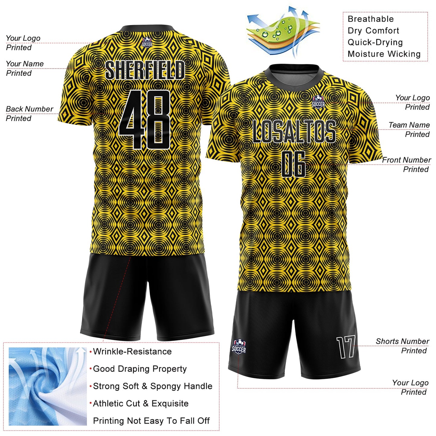 Custom Yellow Black-White Geometric Shapes Sublimation Soccer Uniform Jersey view 4
