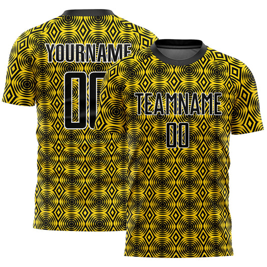 Custom Yellow Black-White Geometric Shapes Sublimation Soccer Uniform Jersey - Main View