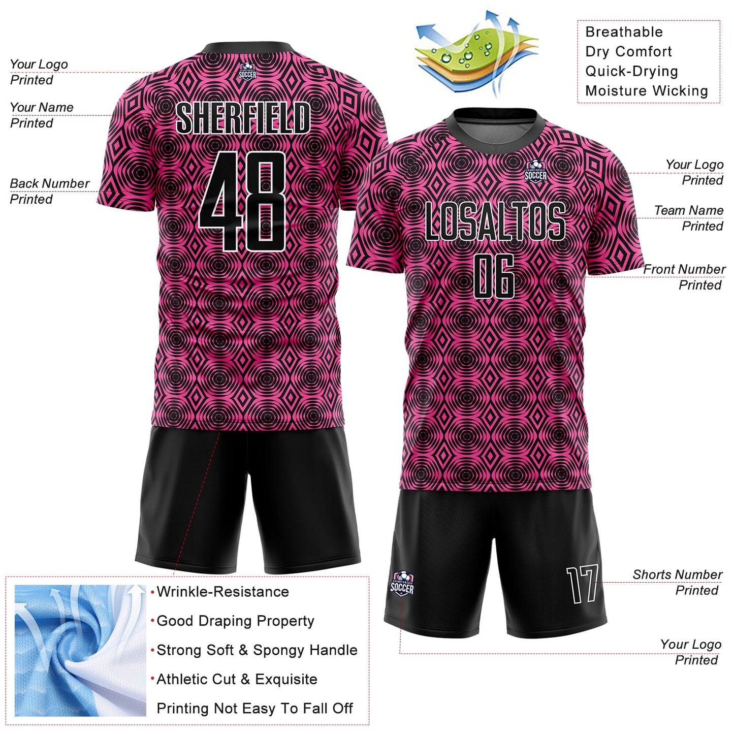 Custom Pink Black-White Geometric Shapes Sublimation Soccer Uniform Jersey view 4