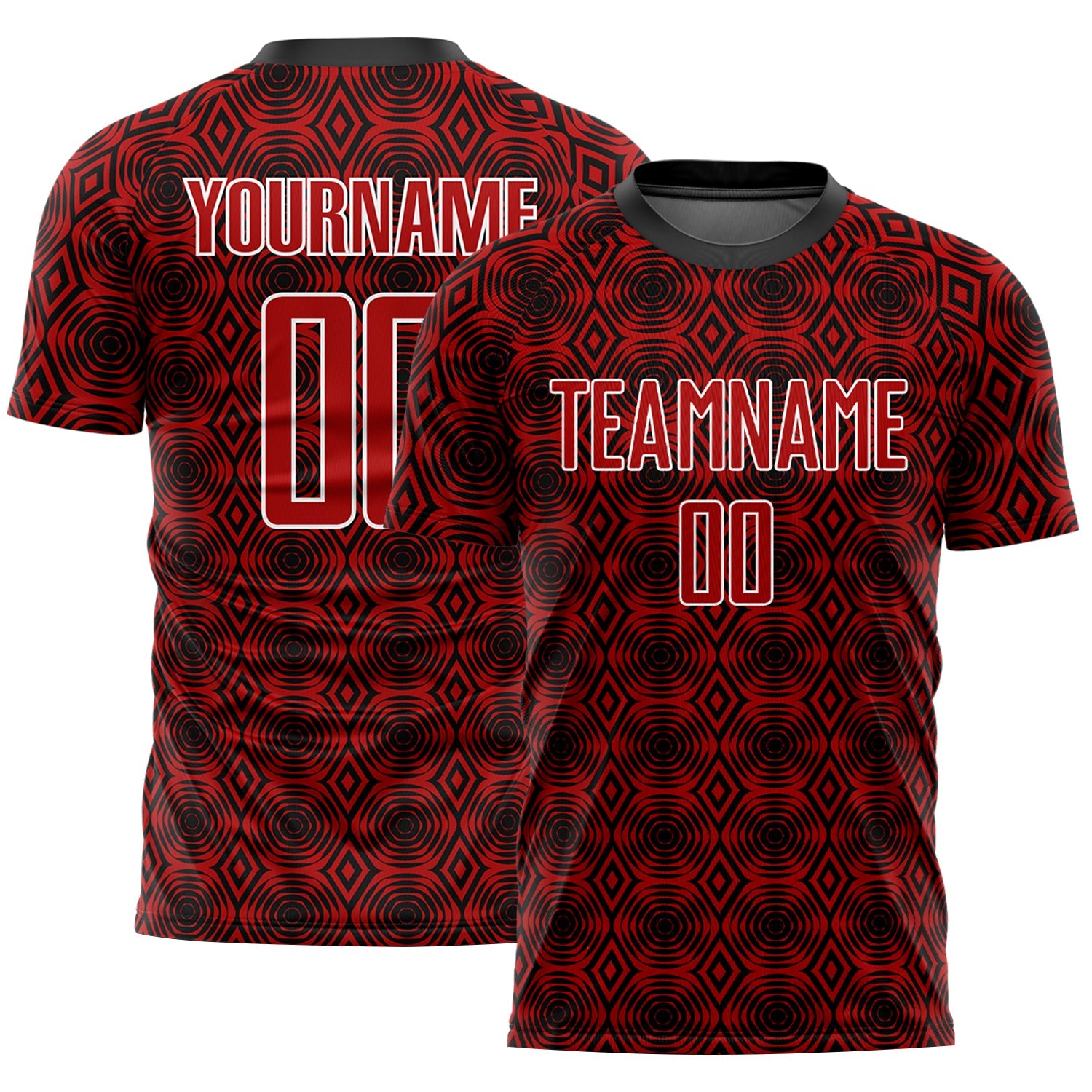 Custom Red Black-White Geometric Shapes Sublimation Soccer Uniform Jersey - Main View