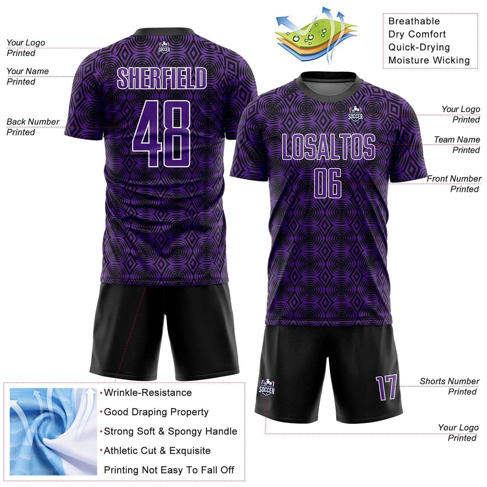 Custom Purple Black-White Geometric Shapes Sublimation Soccer Uniform Jersey view 4