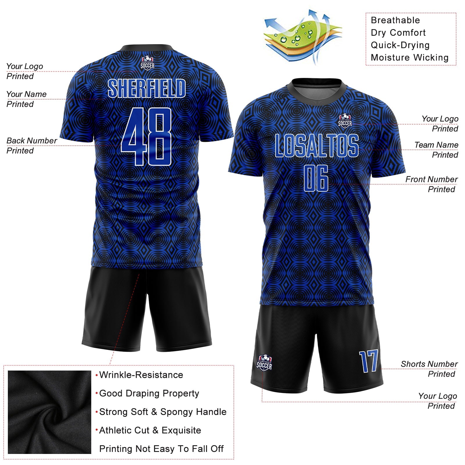 Custom Thunder Blue Black-White Geometric Shapes Sublimation Soccer Uniform Jersey view 4