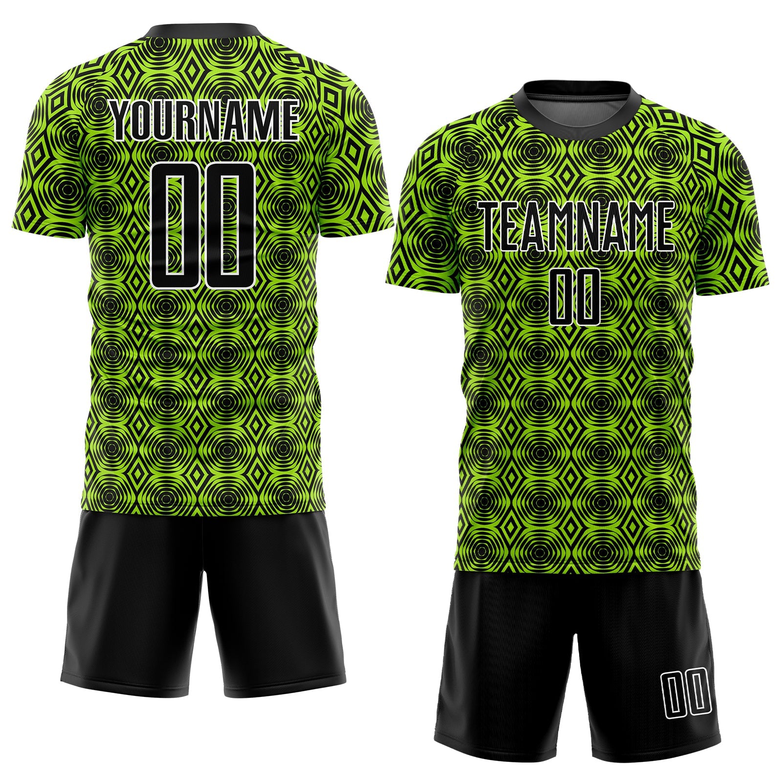 Custom Neon Green Black-White Geometric Shapes Sublimation Soccer Uniform Jersey view 2