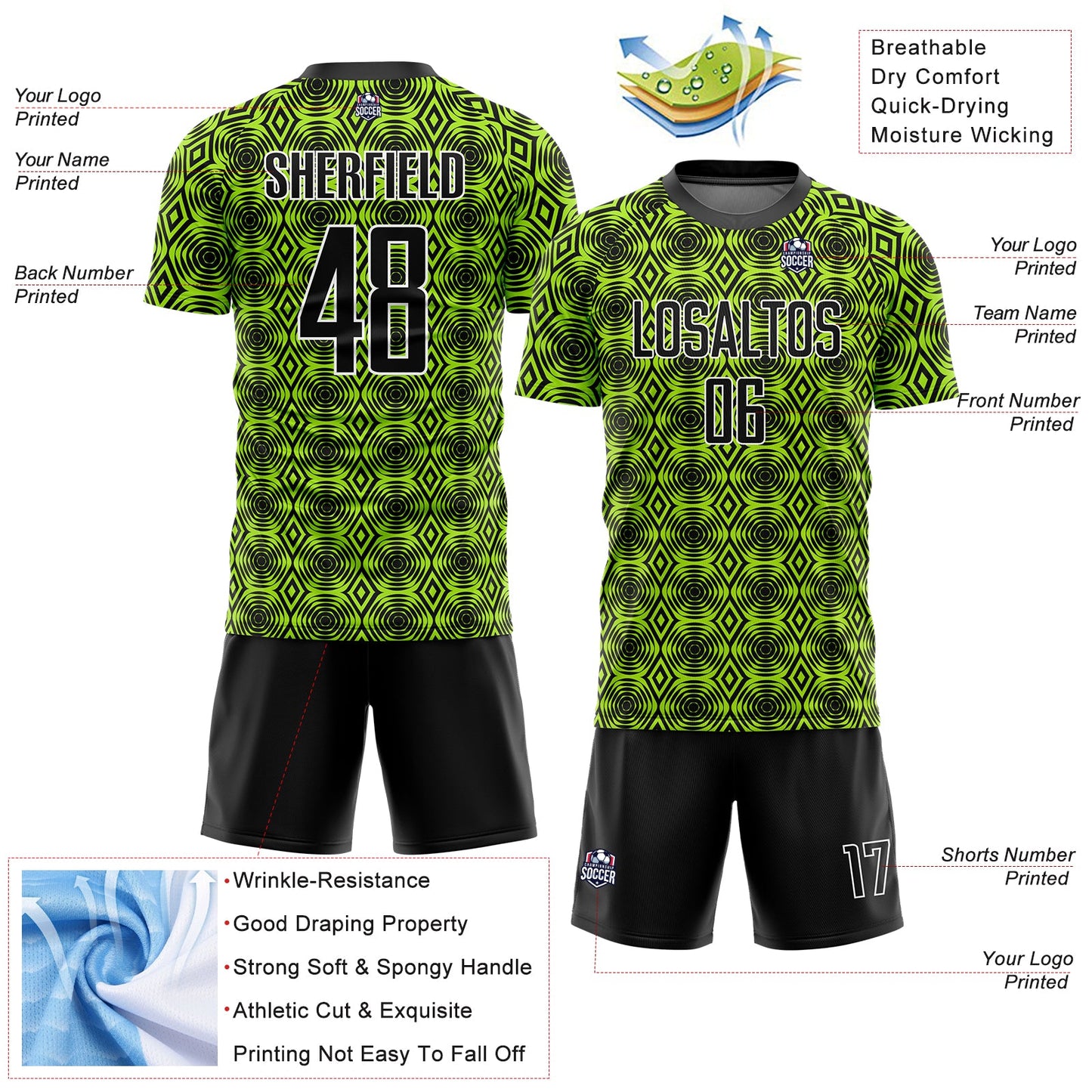 Custom Neon Green Black-White Geometric Shapes Sublimation Soccer Uniform Jersey view 4