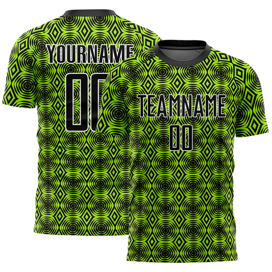 Custom Neon Green Black-White Geometric Shapes Sublimation Soccer Uniform Jersey - Main View
