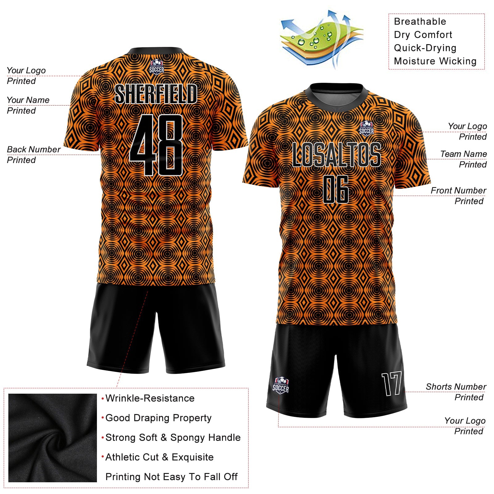 Custom Orange Black-White Geometric Shapes Sublimation Soccer Uniform Jersey view 4