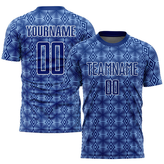 Custom Royal Light Blue-White Geometric Shapes Sublimation Soccer Uniform Jersey - Main View