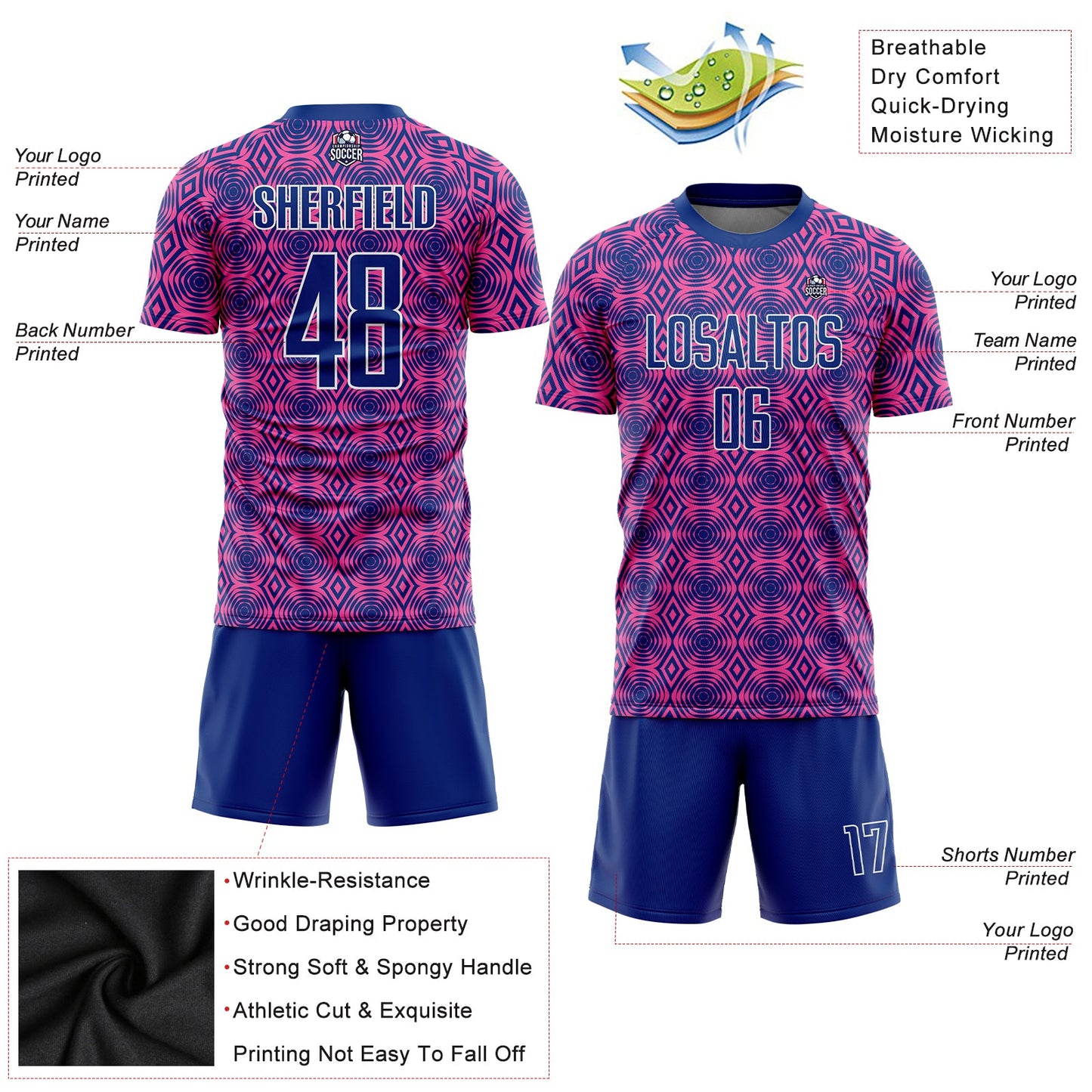 Custom Pink Royal-White Geometric Shapes Sublimation Soccer Uniform Jersey view 4