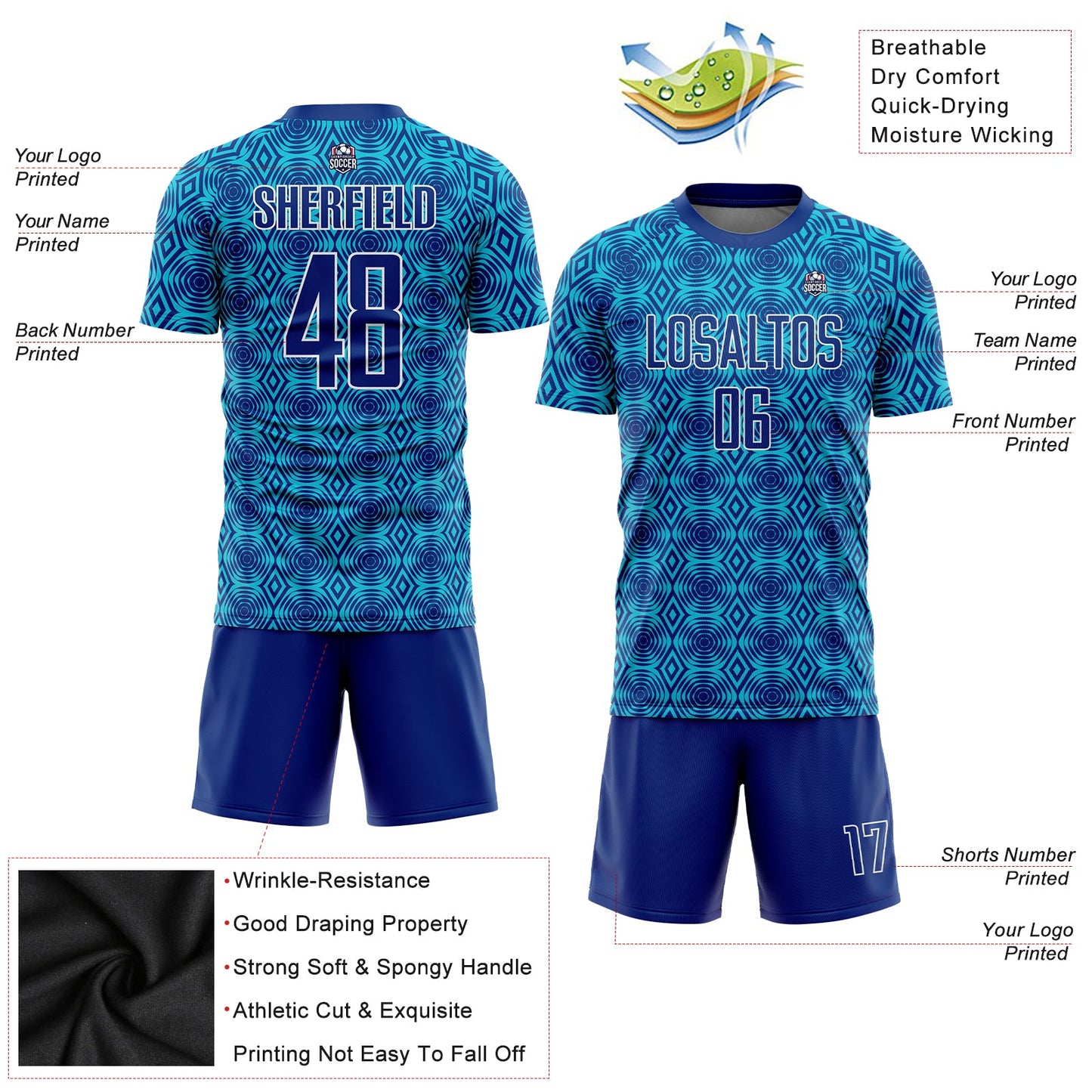 Custom Royal Lakes Blue-White Geometric Shapes Sublimation Soccer Uniform Jersey view 3