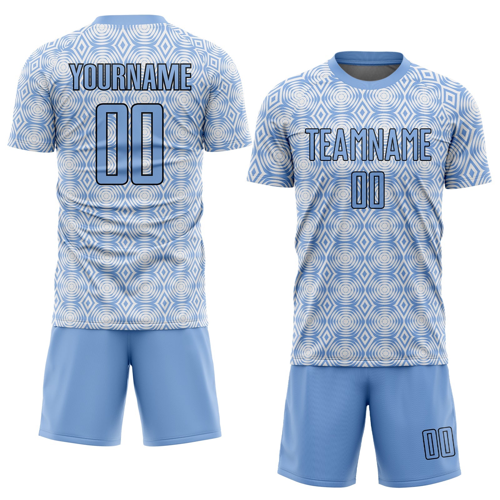 Custom Light Blue Black-White Geometric Shapes Sublimation Soccer Uniform Jersey view 2