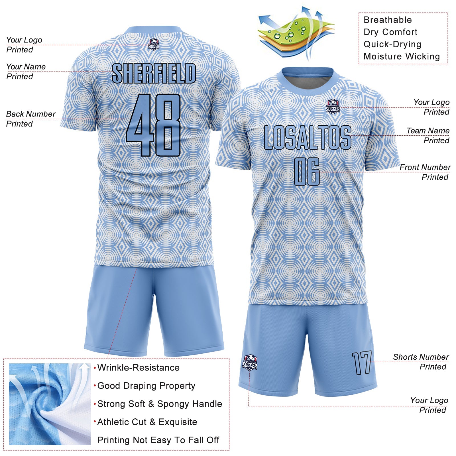 Custom Light Blue Black-White Geometric Shapes Sublimation Soccer Uniform Jersey view 4