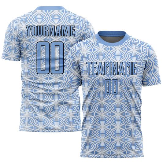 Custom Light Blue Black-White Geometric Shapes Sublimation Soccer Uniform Jersey - Main View