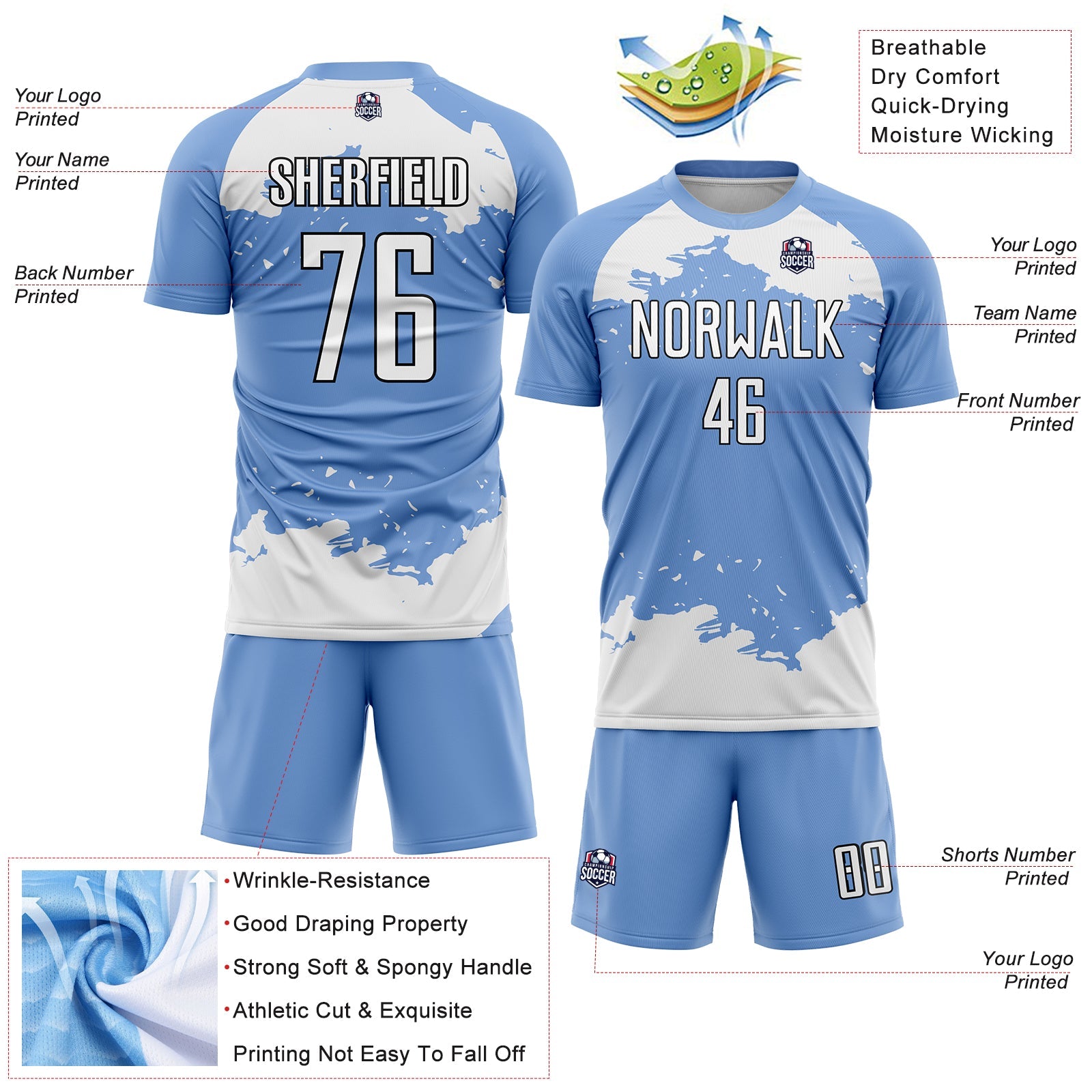 Custom Light Blue White-Black Abstract Fragment Art Sublimation Soccer Uniform Jersey view 4