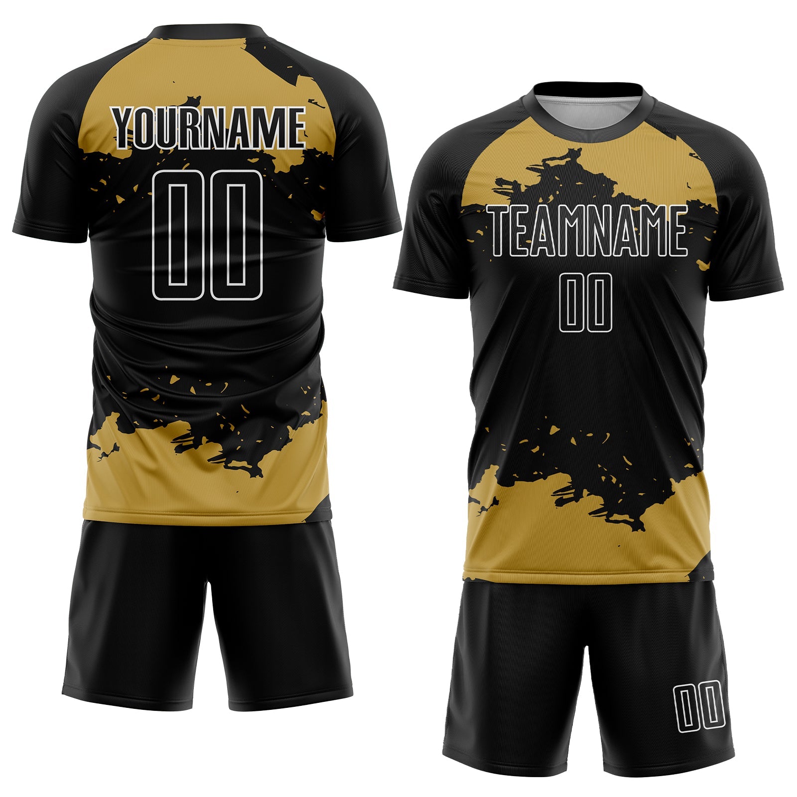 Custom Black Old Gold-White Abstract Fragment Art Sublimation Soccer Uniform Jersey view 2