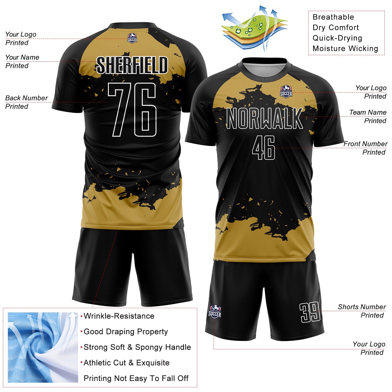 Custom Black Old Gold-White Abstract Fragment Art Sublimation Soccer Uniform Jersey view 4