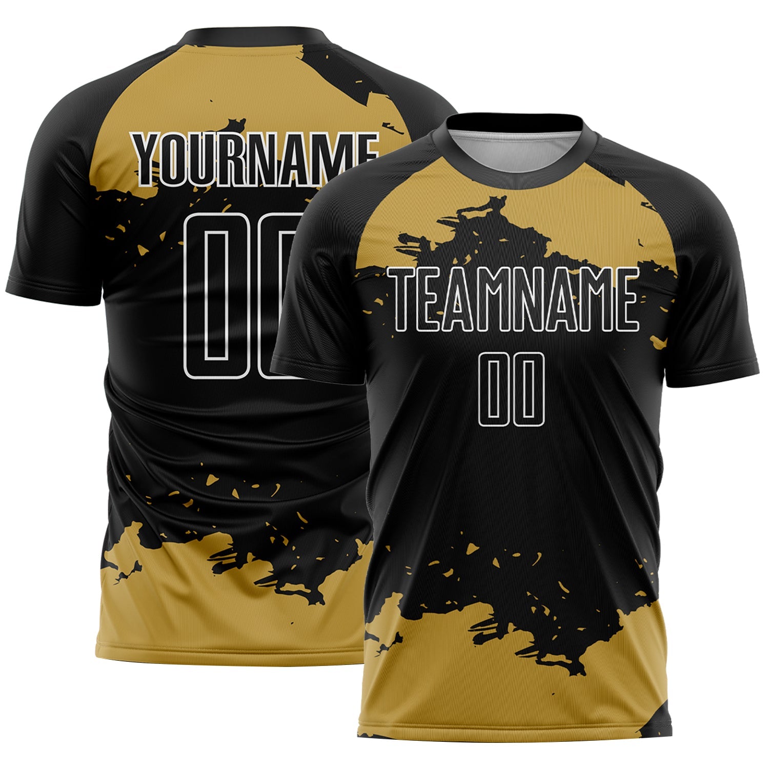 Custom Black Old Gold-White Abstract Fragment Art Sublimation Soccer Uniform Jersey - Main View