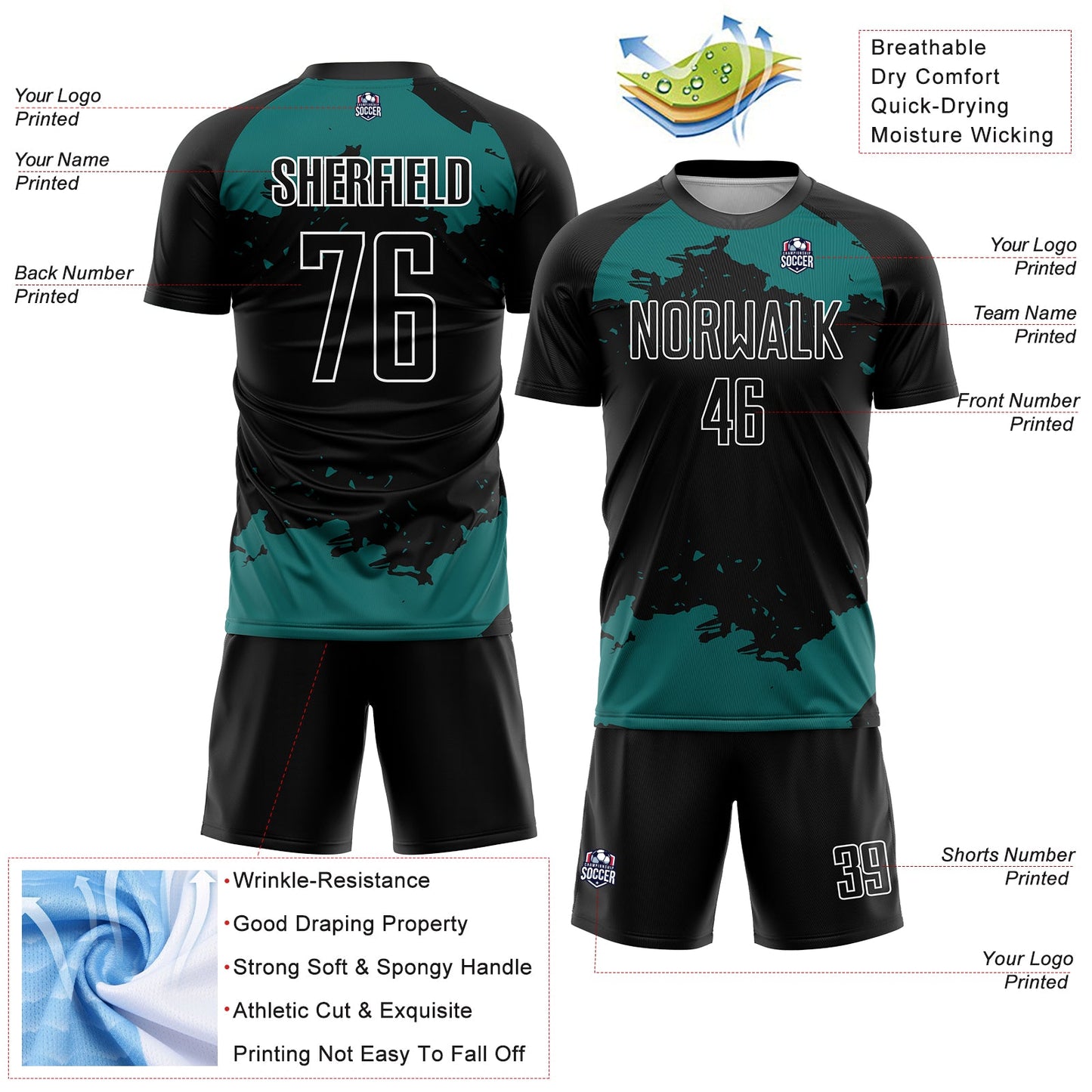 Custom Black Teal-White Abstract Fragment Art Sublimation Soccer Uniform Jersey view 4