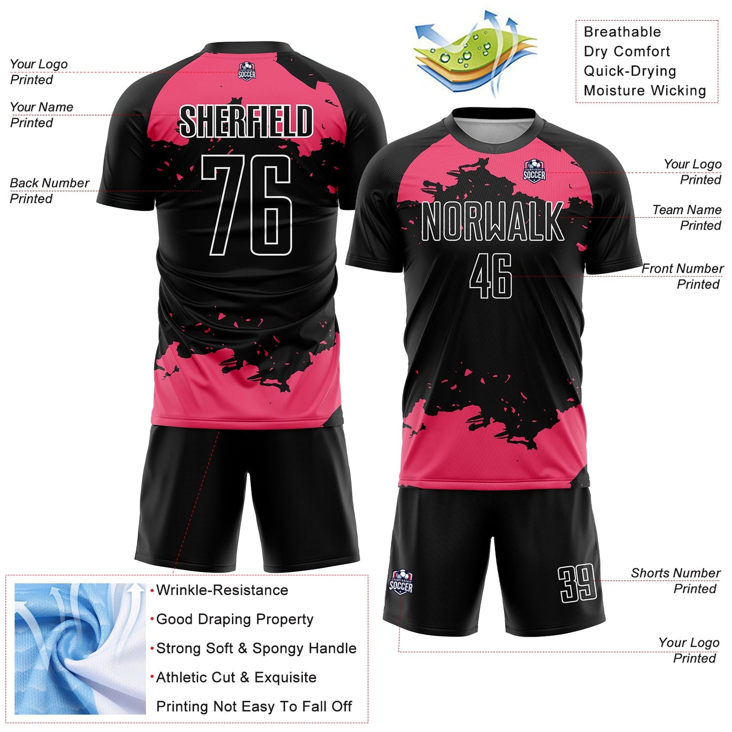 Custom Black Neon Pink-White Abstract Fragment Art Sublimation Soccer Uniform Jersey view 4