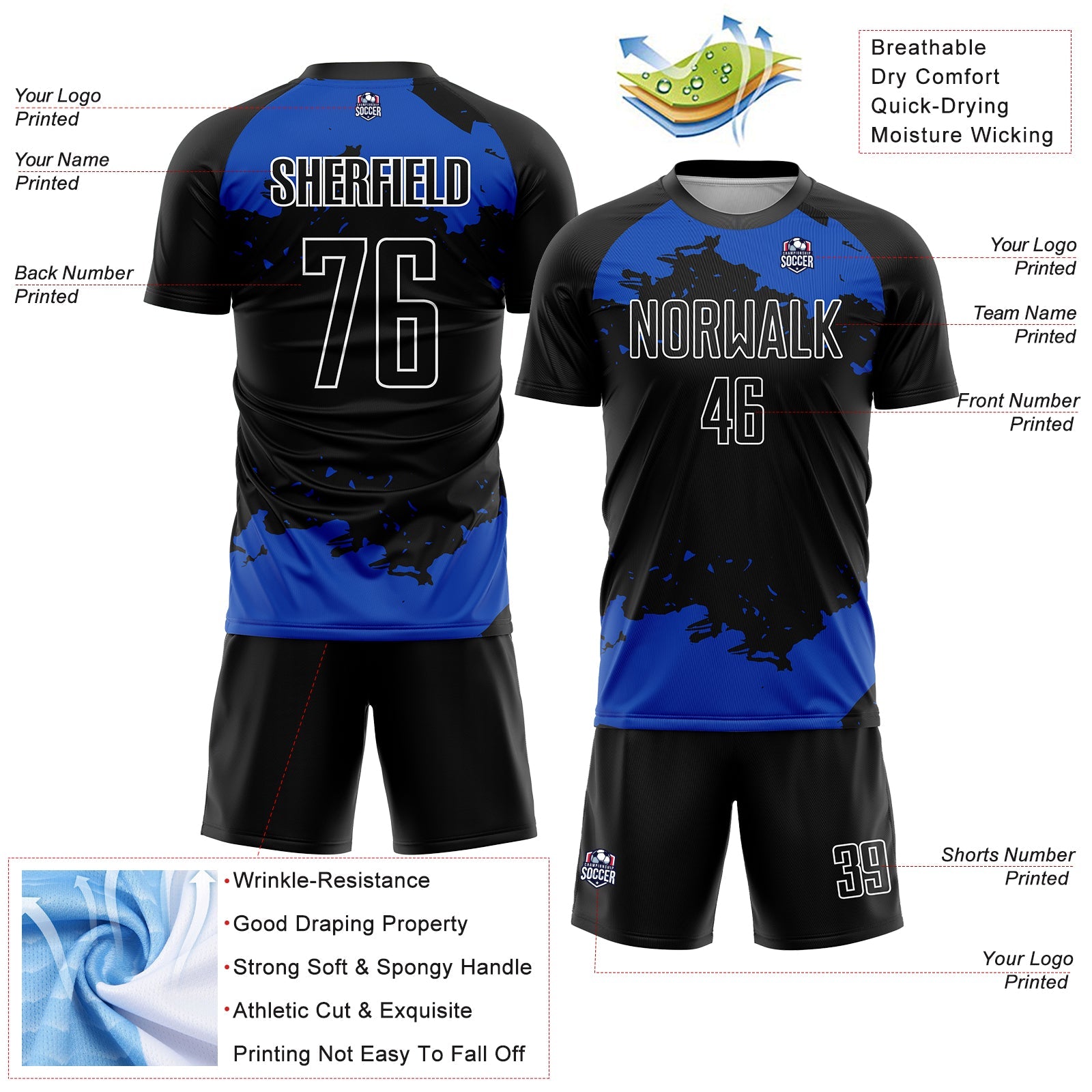 Custom Black Thunder Blue-White Abstract Fragment Art Sublimation Soccer Uniform Jersey view 4