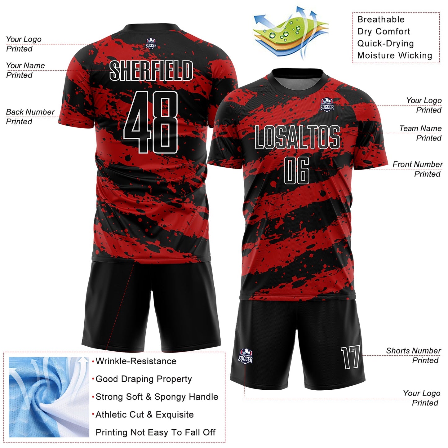 Custom Black Red-White Splash Sublimation Soccer Uniform Jersey view 4