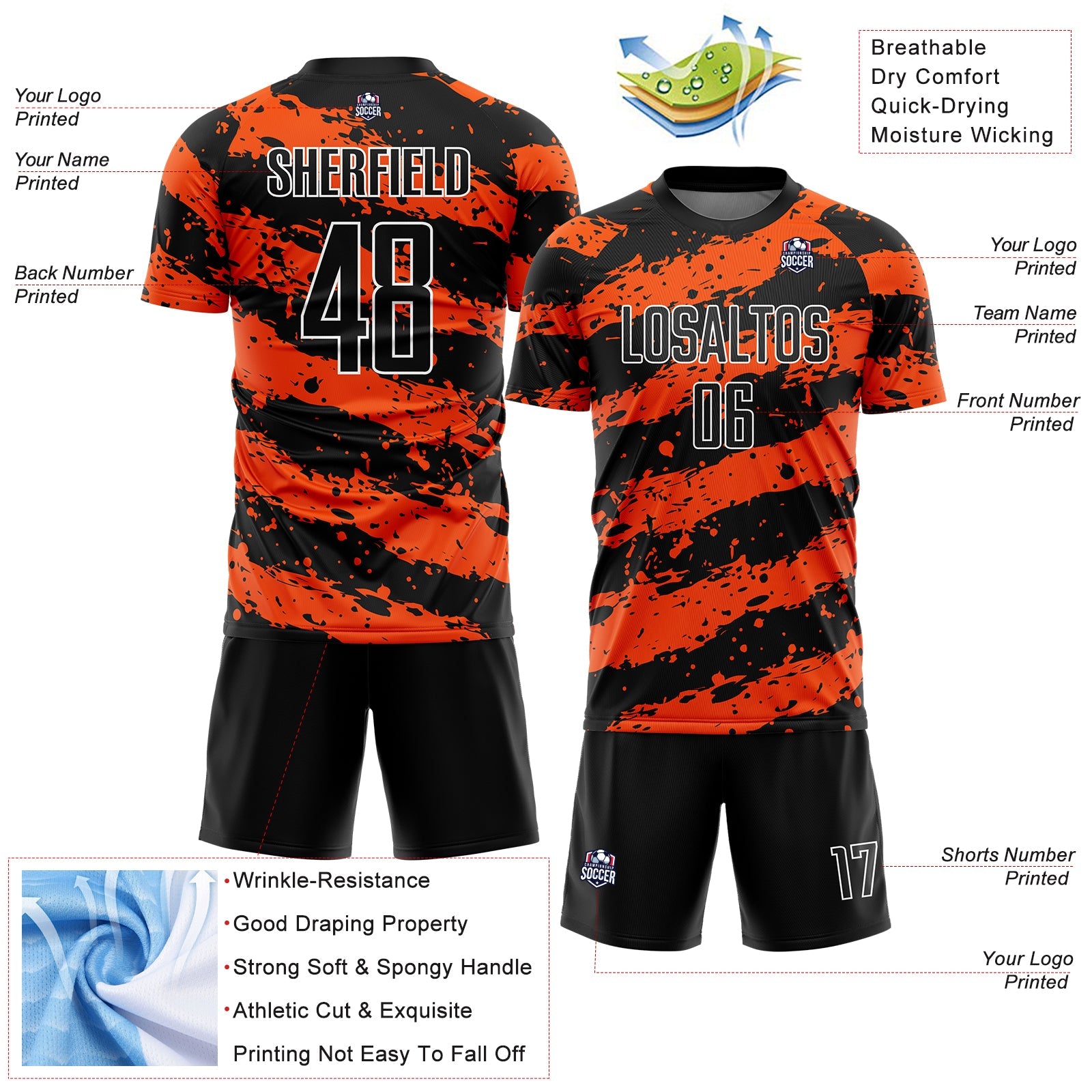 Custom Black Orange-White Splash Sublimation Soccer Uniform Jersey view 4