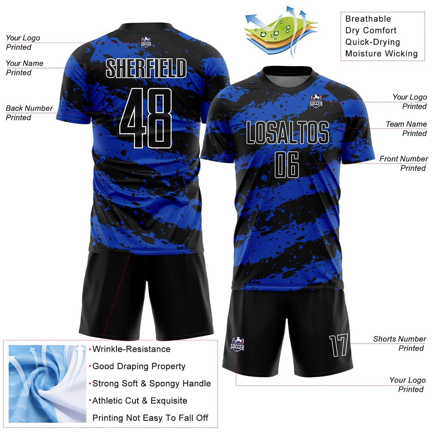 Custom Black Thunder Blue-White Splash Sublimation Soccer Uniform Jersey view 4