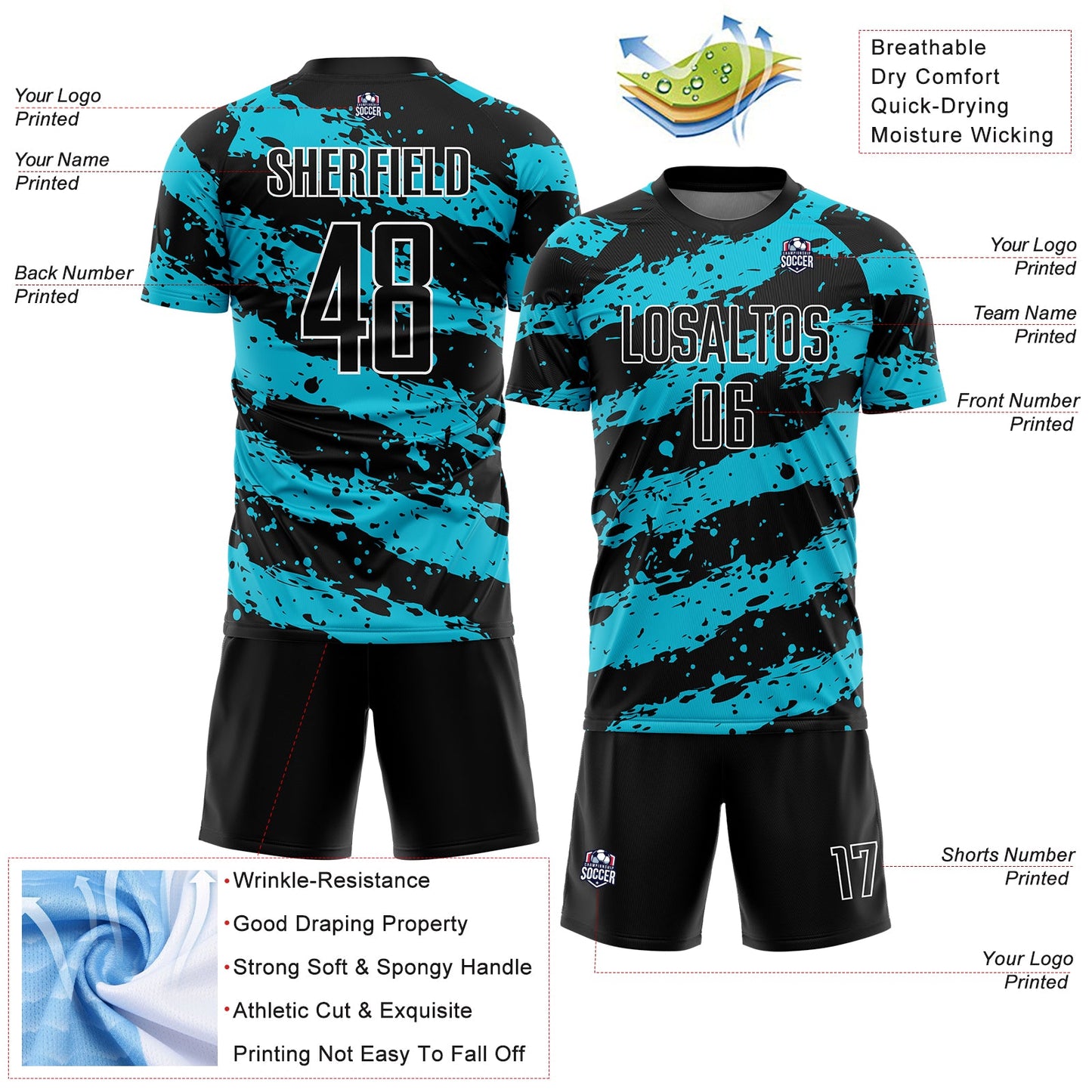 Custom Black Lakes Blue-White Splash Sublimation Soccer Uniform Jersey view 4