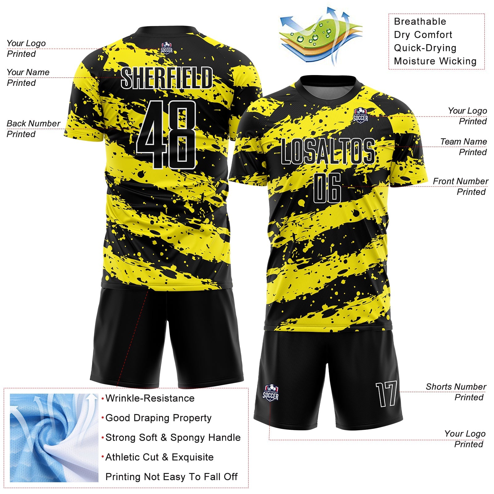 Custom Black Light Yellow-White Splash Sublimation Soccer Uniform Jersey view 4