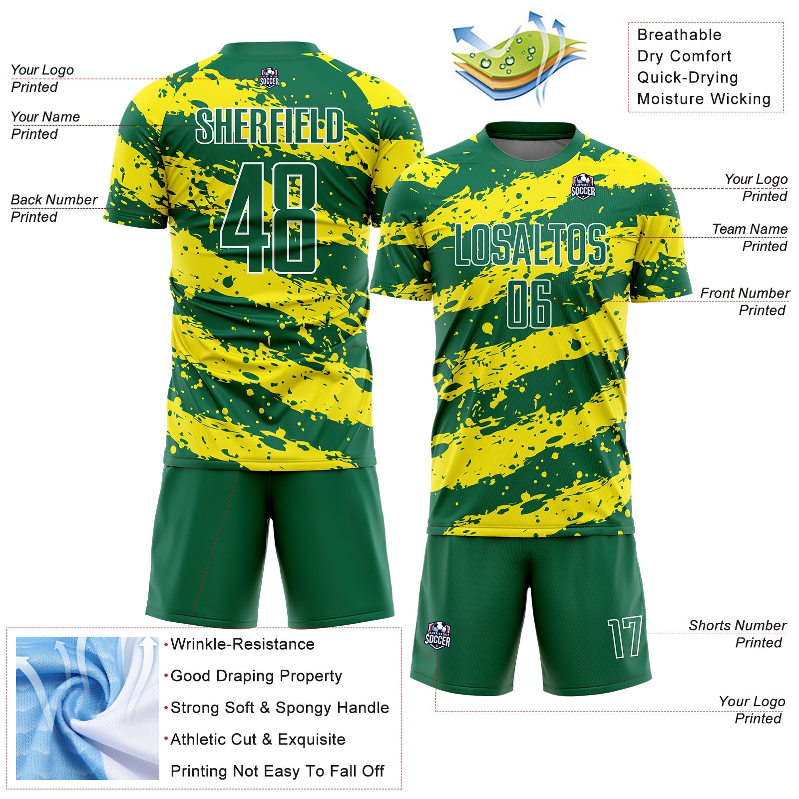 Custom Kelly Green Light Yellow-White Splash Sublimation Soccer Uniform Jersey view 4