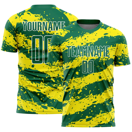 Custom Kelly Green Light Yellow-White Splash Sublimation Soccer Uniform Jersey - Main View