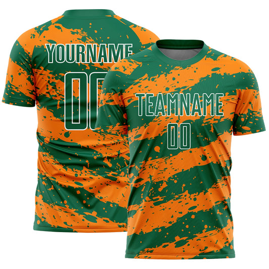 Custom Kelly Green Bay Orange-White Splash Sublimation Soccer Uniform Jersey - Main View