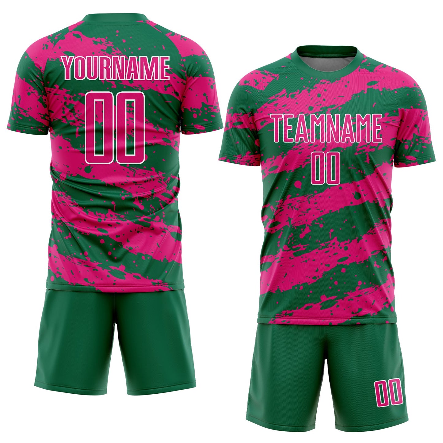 Custom Kelly Green Hot Pink-White Splash Sublimation Soccer Uniform Jersey view 2