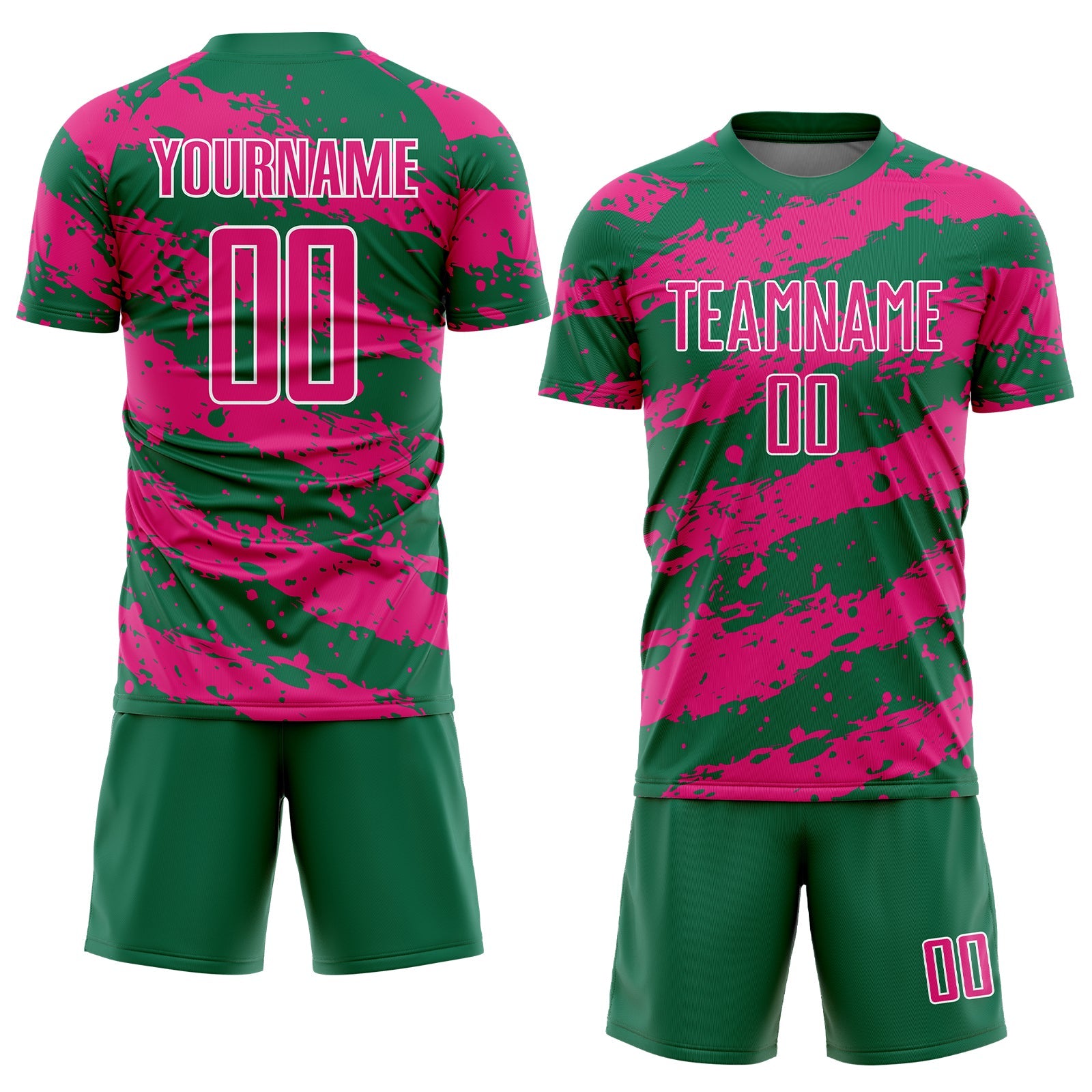 Custom Kelly Green Hot Pink-White Splash Sublimation Soccer Uniform Jersey view 2