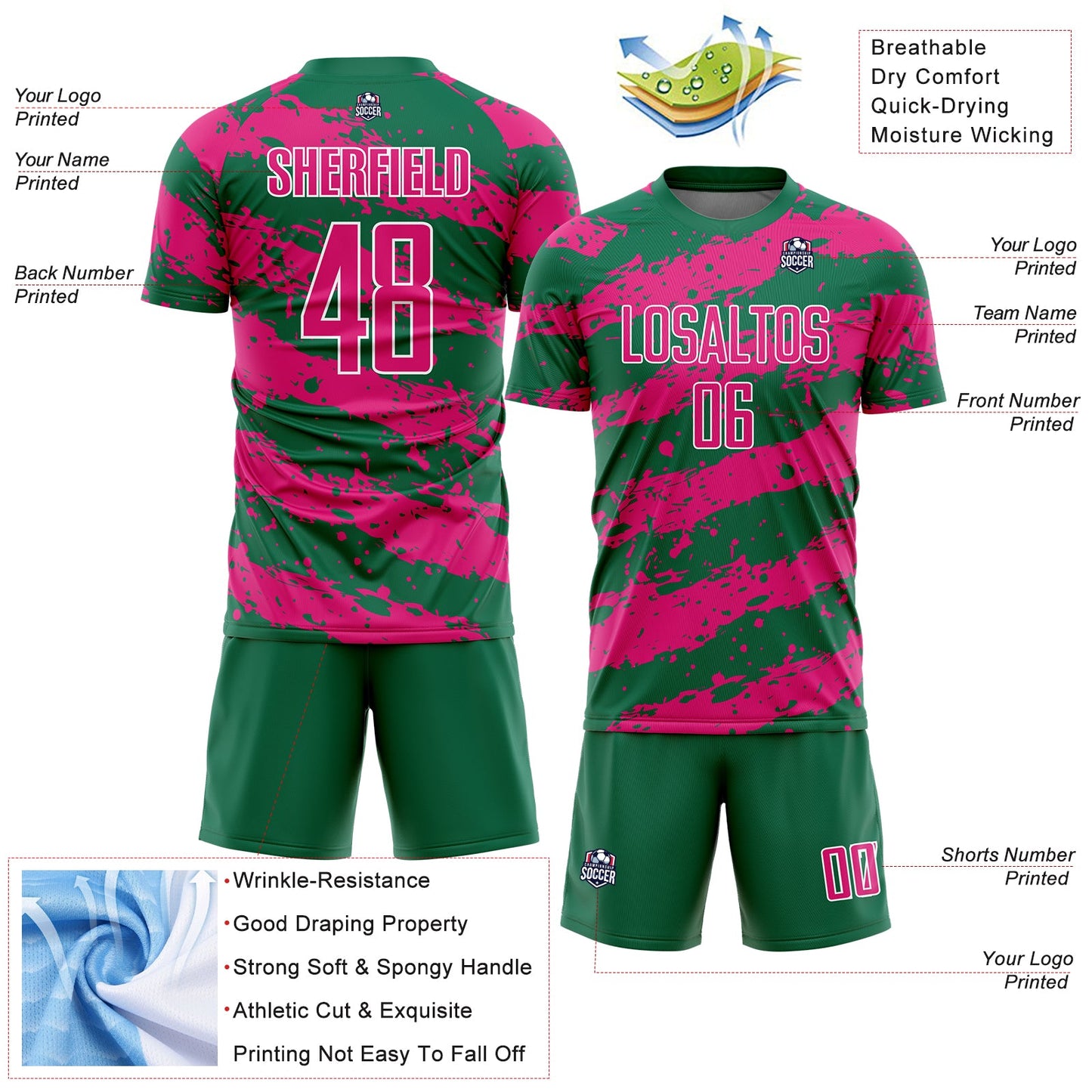Custom Kelly Green Hot Pink-White Splash Sublimation Soccer Uniform Jersey view 4