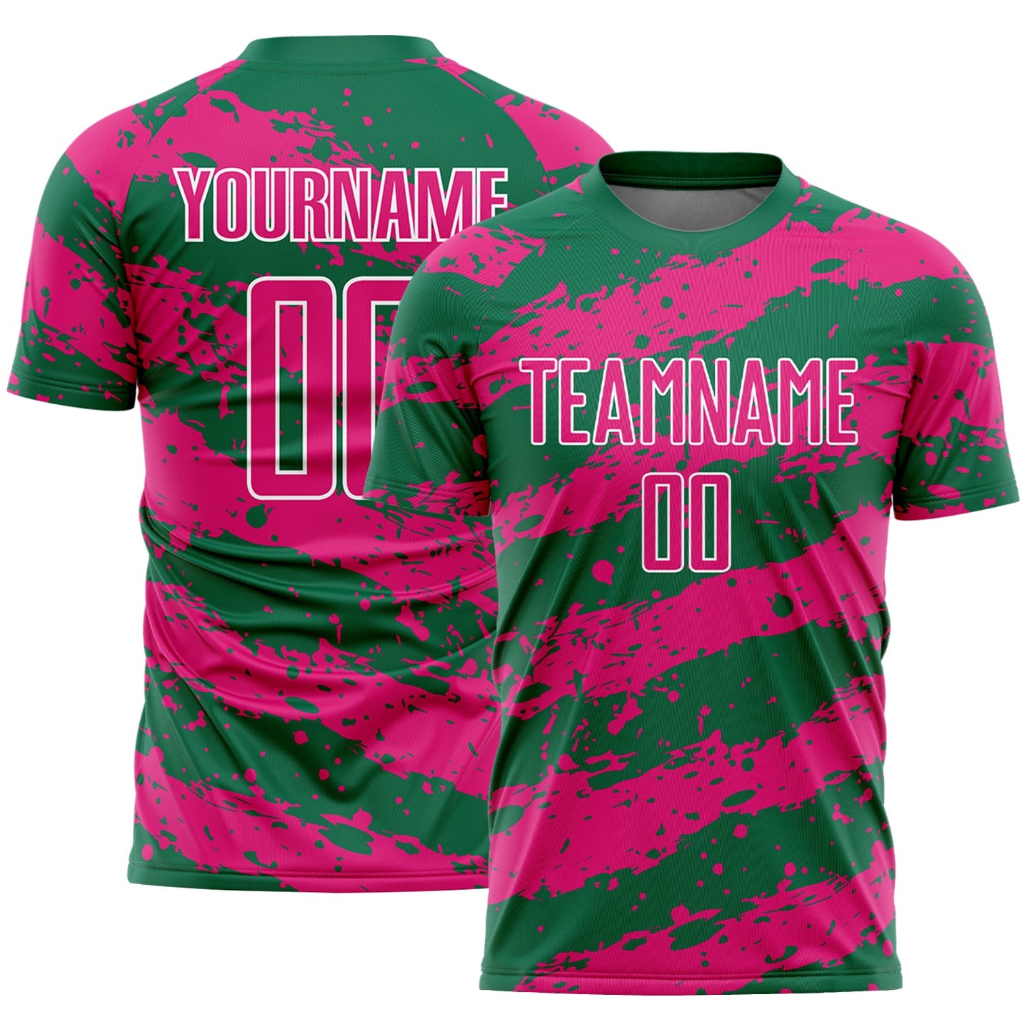 Custom Kelly Green Hot Pink-White Splash Sublimation Soccer Uniform Jersey - Main View