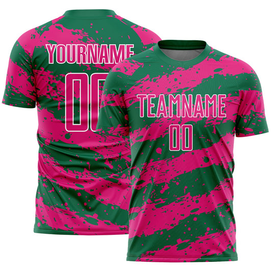 Custom Kelly Green Hot Pink-White Splash Sublimation Soccer Uniform Jersey - Main View