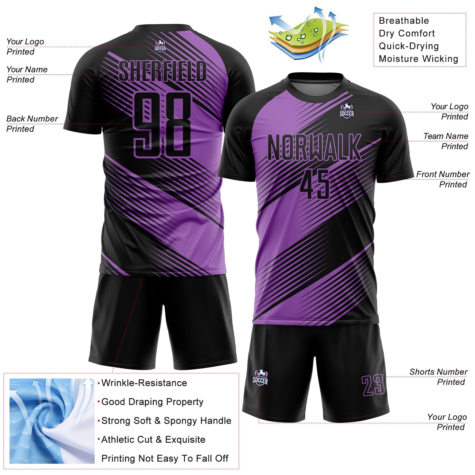 Custom Black Medium Purple Line Sublimation Soccer Uniform Jersey view 4