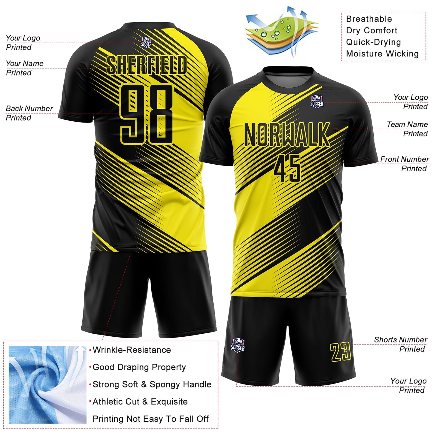 Custom Black Light Yellow Line Sublimation Soccer Uniform Jersey view 4