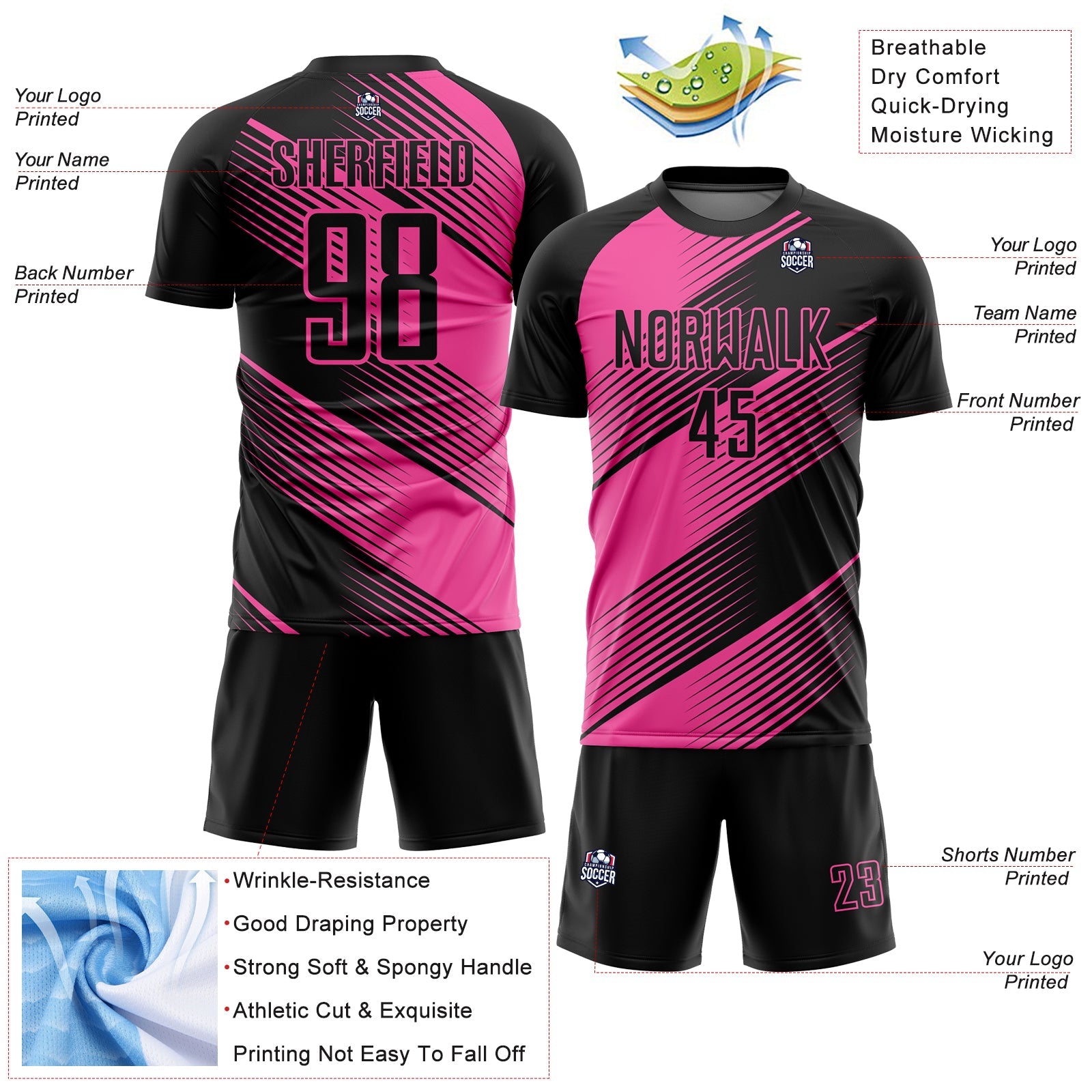 Custom Black Pink Line Sublimation Soccer Uniform Jersey view 4