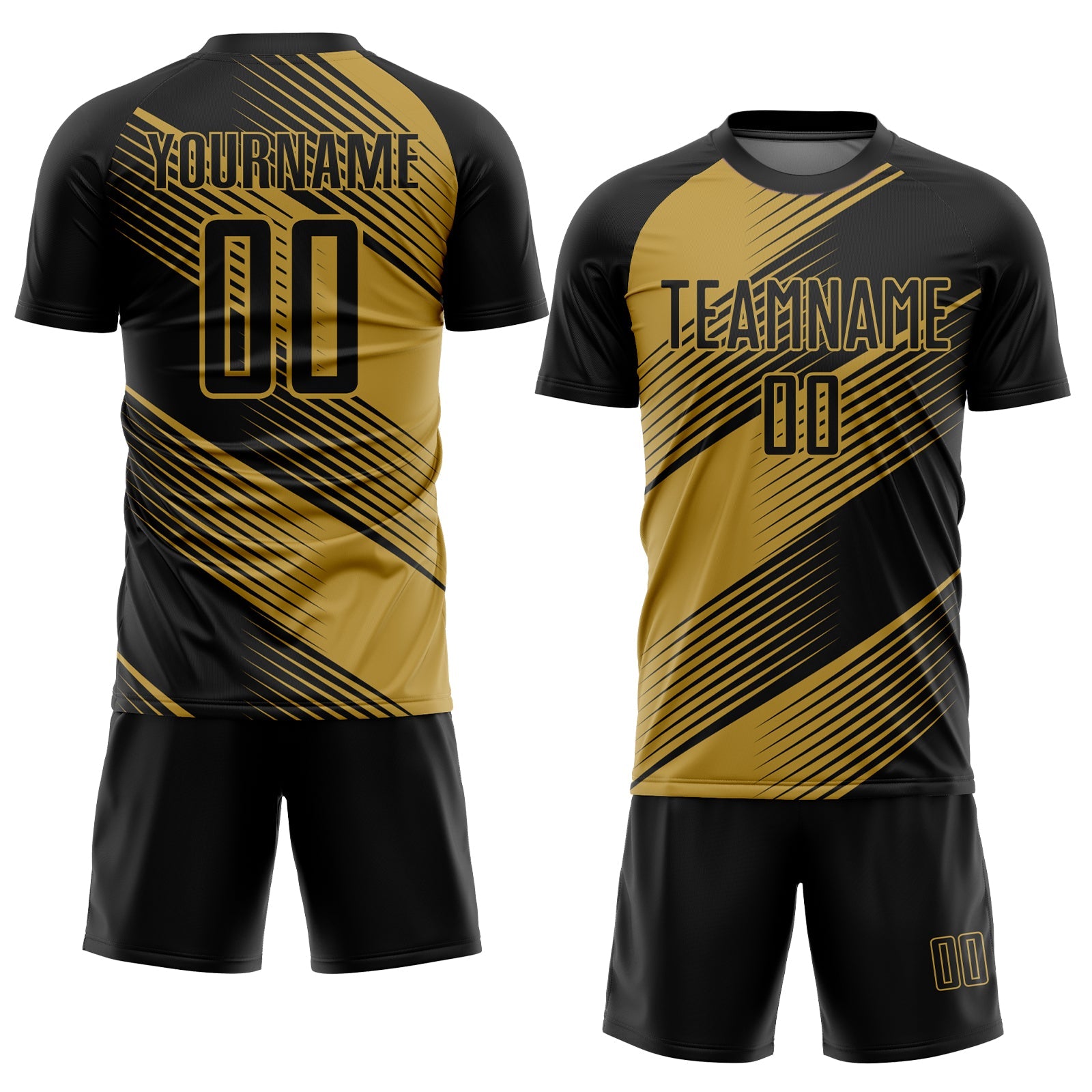 Custom Black Old Gold Line Sublimation Soccer Uniform Jersey view 2