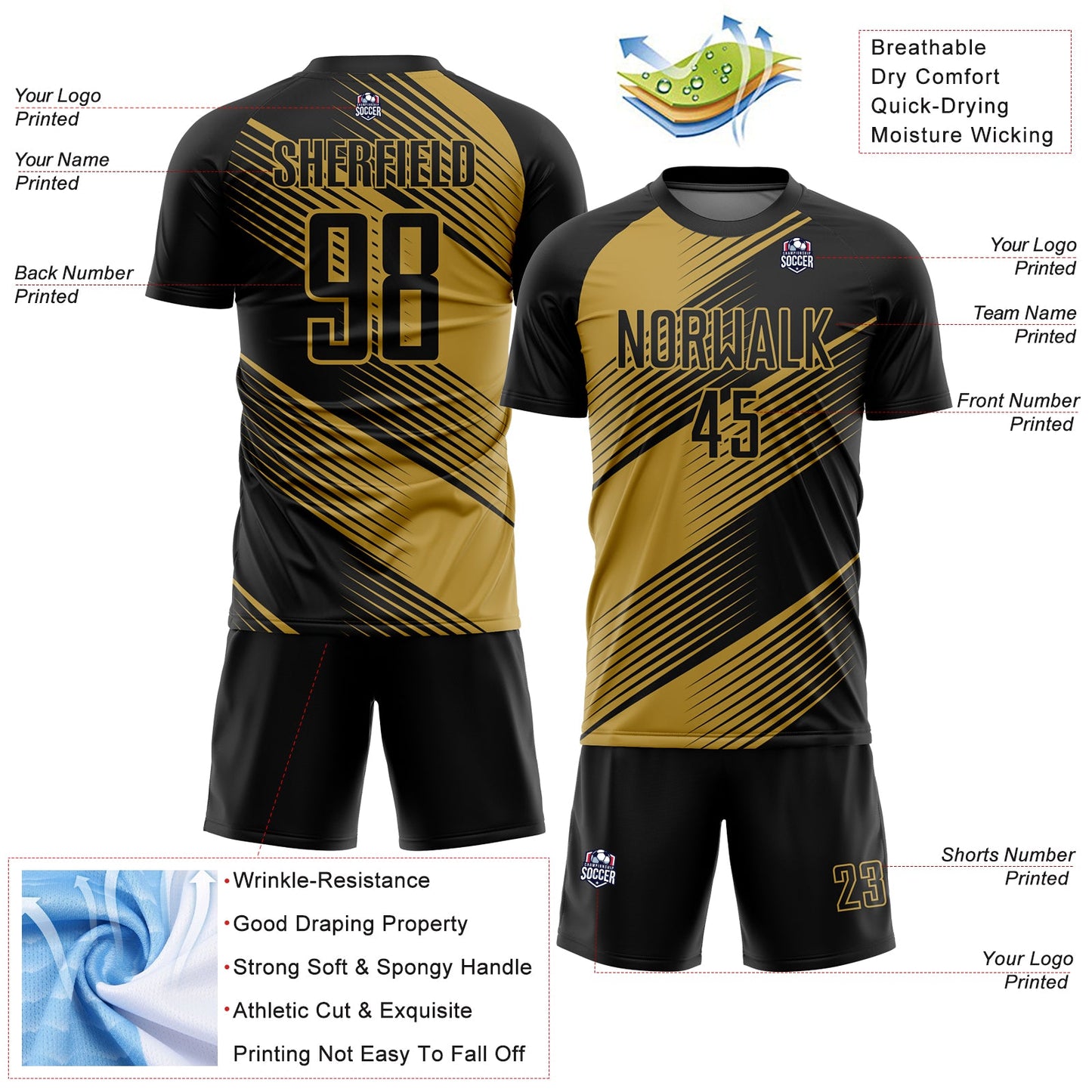 Custom Black Old Gold Line Sublimation Soccer Uniform Jersey view 4