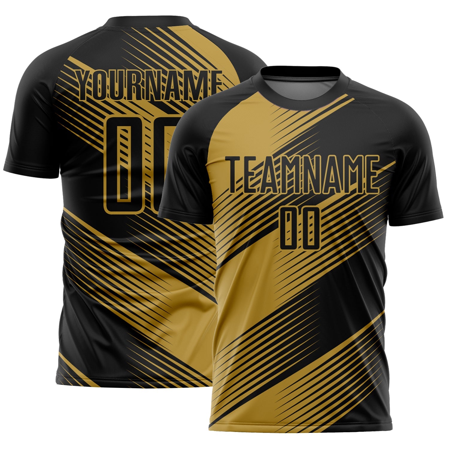 Custom Black Old Gold Line Sublimation Soccer Uniform Jersey - Main View