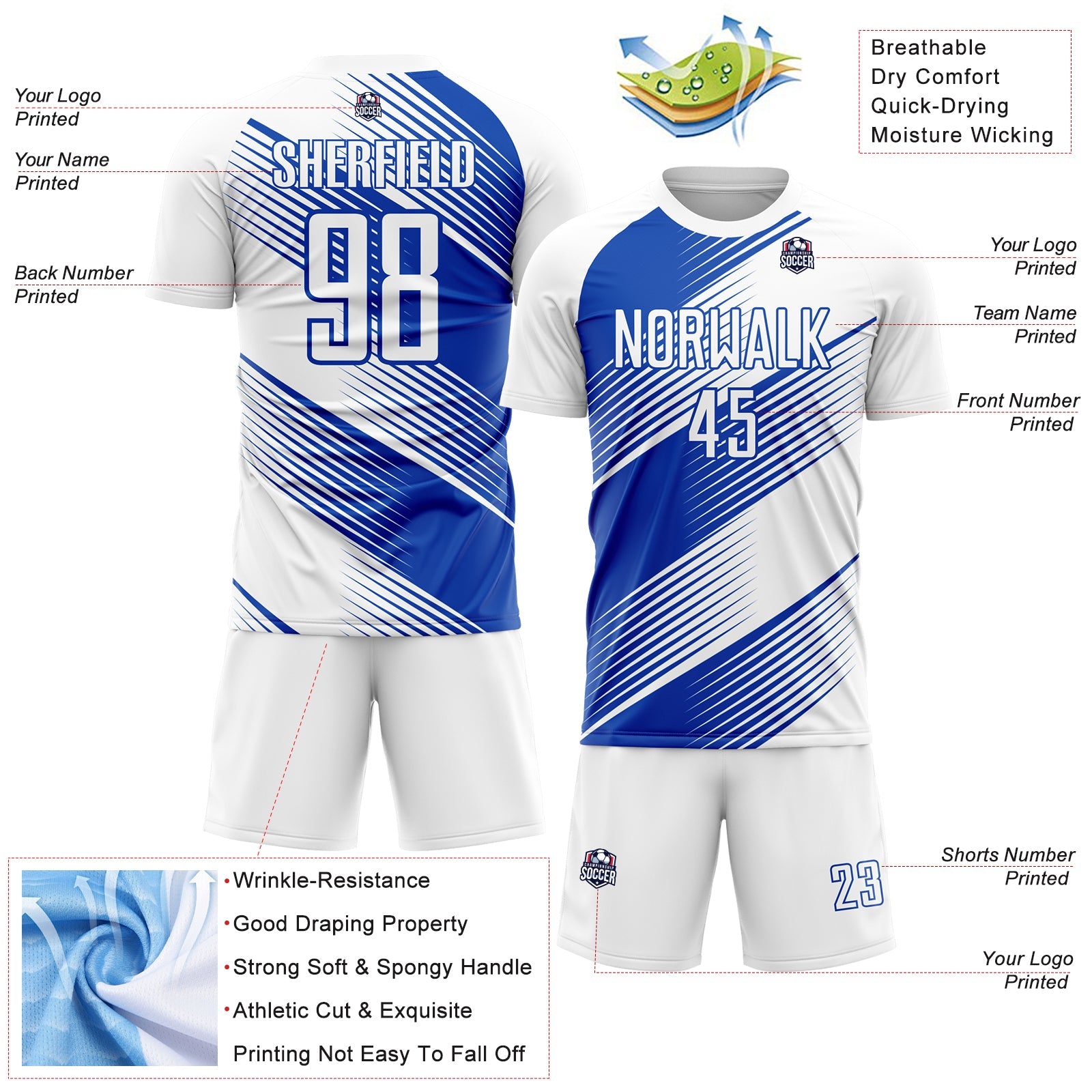 Custom White Thunder Blue Line Sublimation Soccer Uniform Jersey view 4